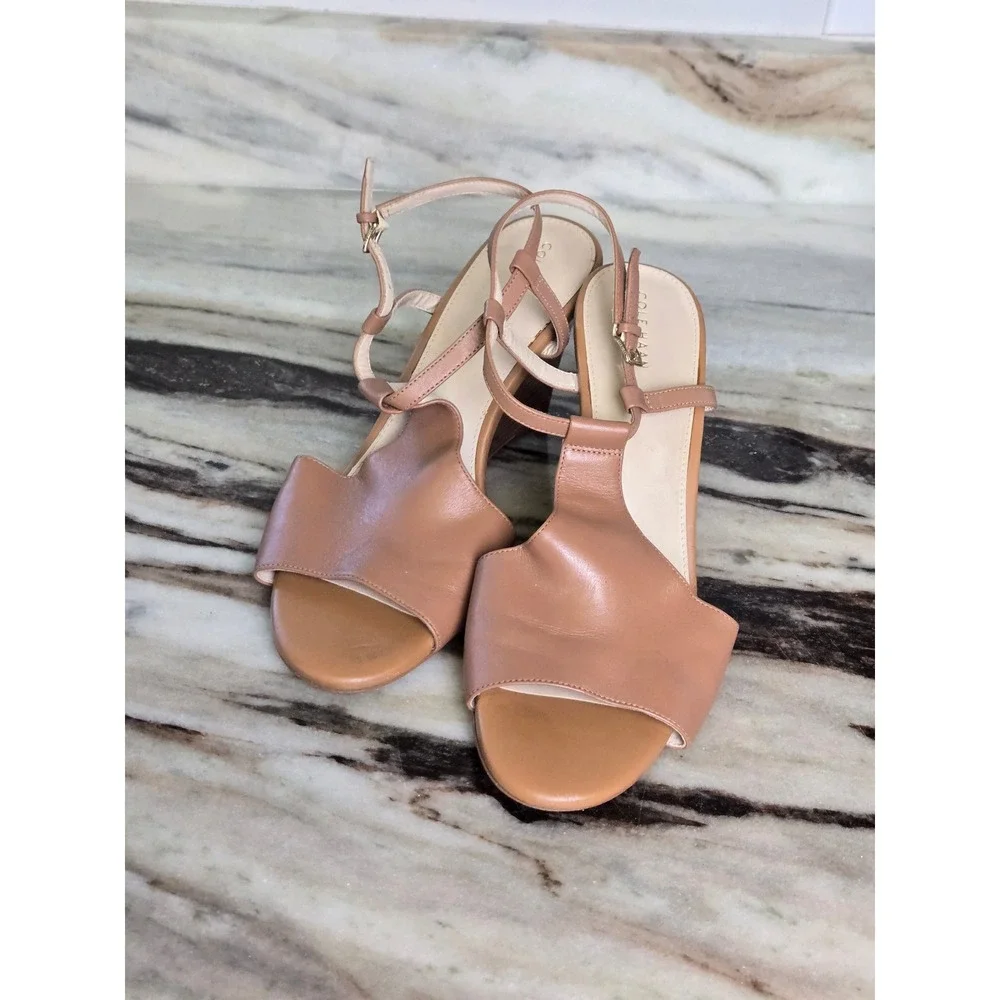 Cole Haan Tan Leather Wedge Sandals‎ Peep Toe T-Strap W14236 Womens 10B